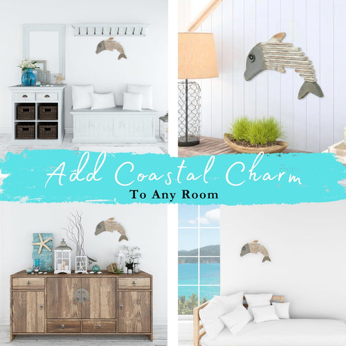 Collage image showing various room settings featuring wooden fish wall art, with the text "Add Coastal Charm To Any Room" in the center.