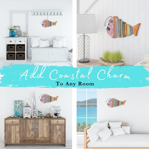 Collage image showing various room settings featuring wooden fish wall art, with the text Add Coastal Charm To Any Room in the center.