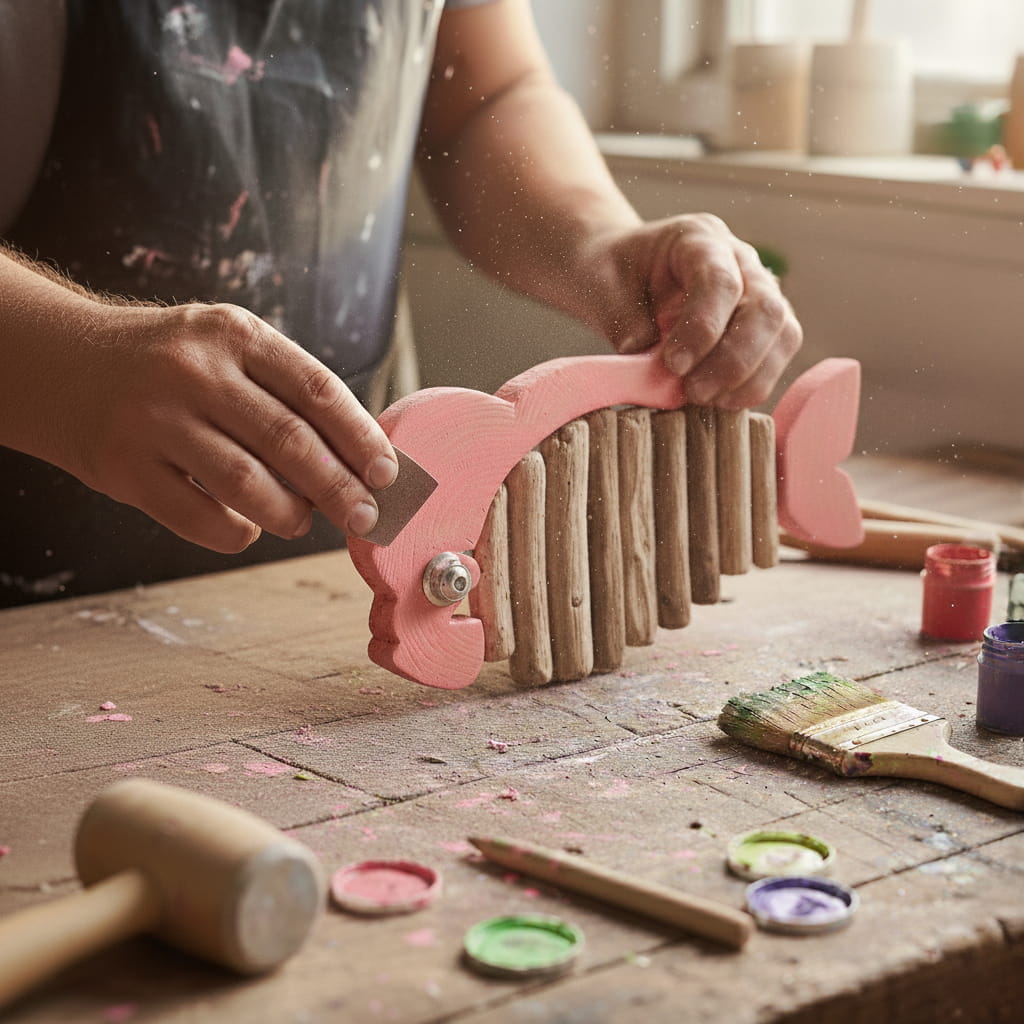 Artisan hands sanding a handcrafted pink wooden fish wall art piece in a workshop, surrounded by paint brushes, small paint containers, and a wooden mallet