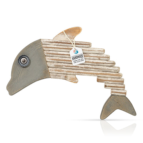 Handcrafted wooden dolphin wall art featuring a grey-painted head and tail with natural driftwood-style body segments, including a tag that reads "Handmade From The Sea For Your Home."