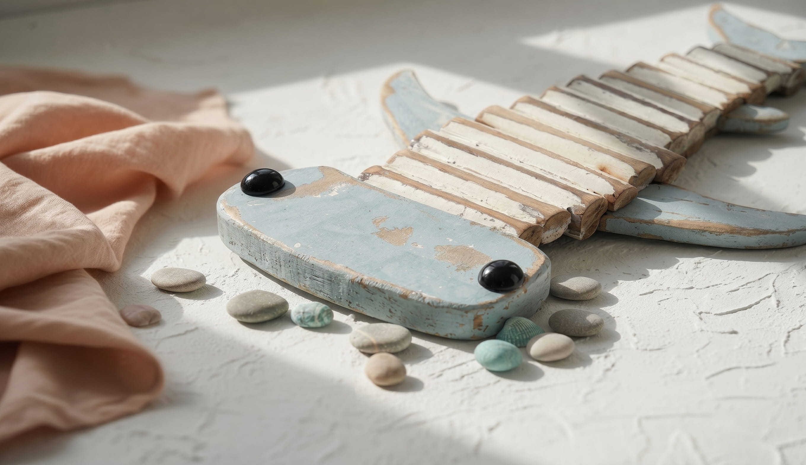 Handcrafted hammerhead shark wall art made from rustic, weathered wooden slats, resting on a white textured surface with a soft peach-colored fabric cloth and smooth pebbles scattered nearby