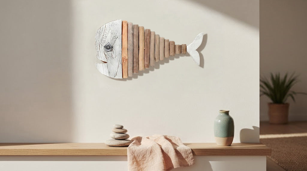 Handcrafted wooden fish wall art made of textured, light-colored wood slats hanging on a beige wall above a wooden shelf featuring a stack of stones and a ceramic vase.