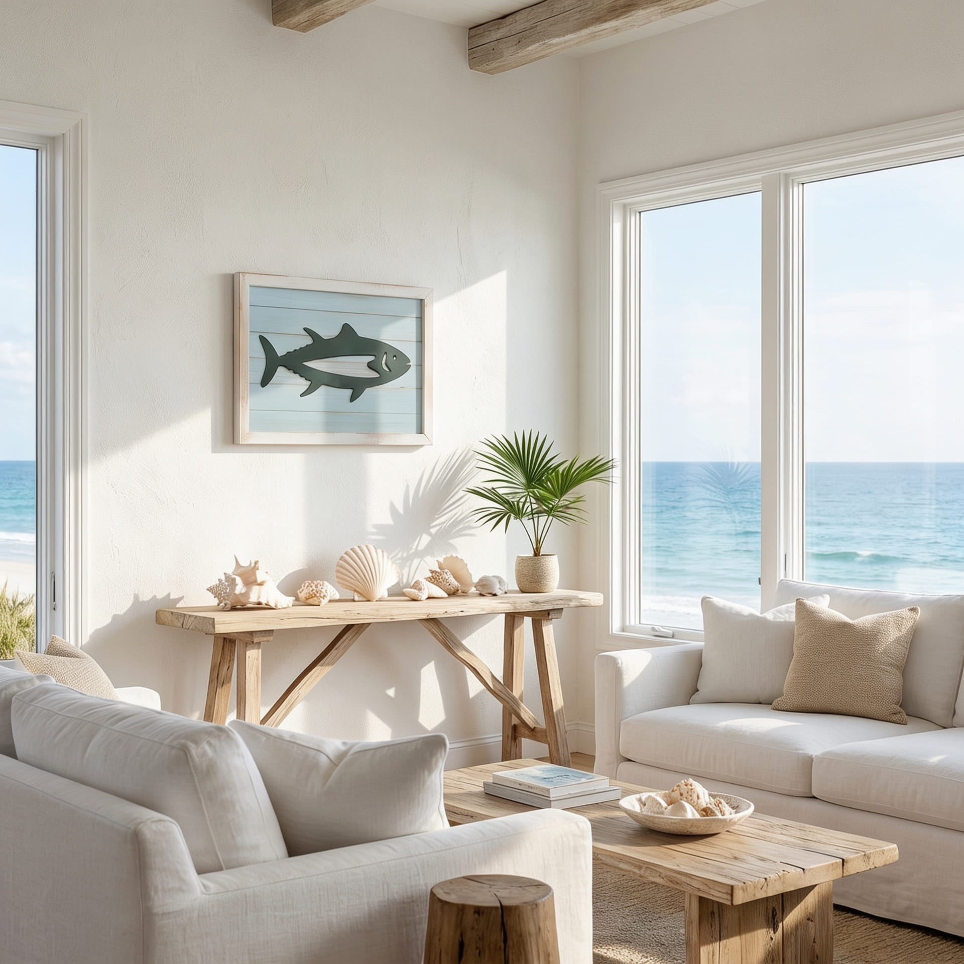 Coastal-themed living room featuring a wooden fish wall art piece hanging above a console table adorned with seashells, overlooking a bright view of the ocean through large windows