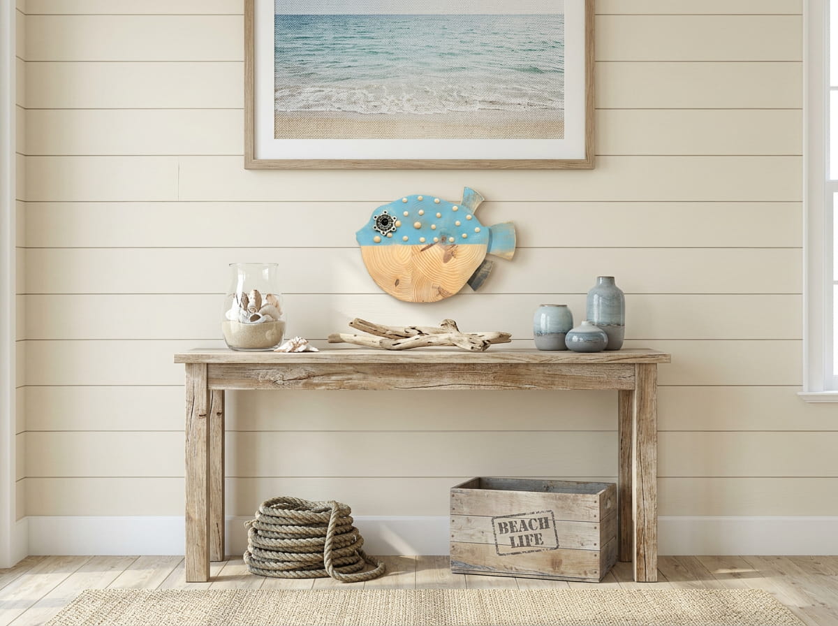 DriftyFish wooden fish wall art hanging above a rustic wooden console table, which is decorated with a glass jar of seashells and ceramic vases, set against a light-toned shiplap wall